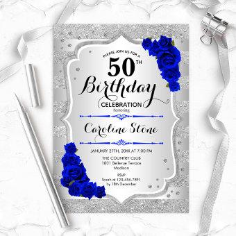 50th Birthday - Silver Stripes Royal Blue Roses